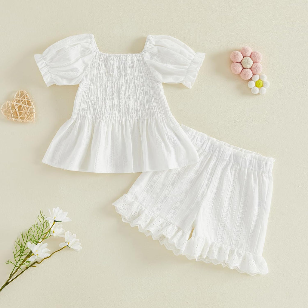 Toddler Baby Girl Summer Outfit Smocked Short Sleeves T-Shirt Elastic Ruffle Shorts Set Cute Girls Clothes Set