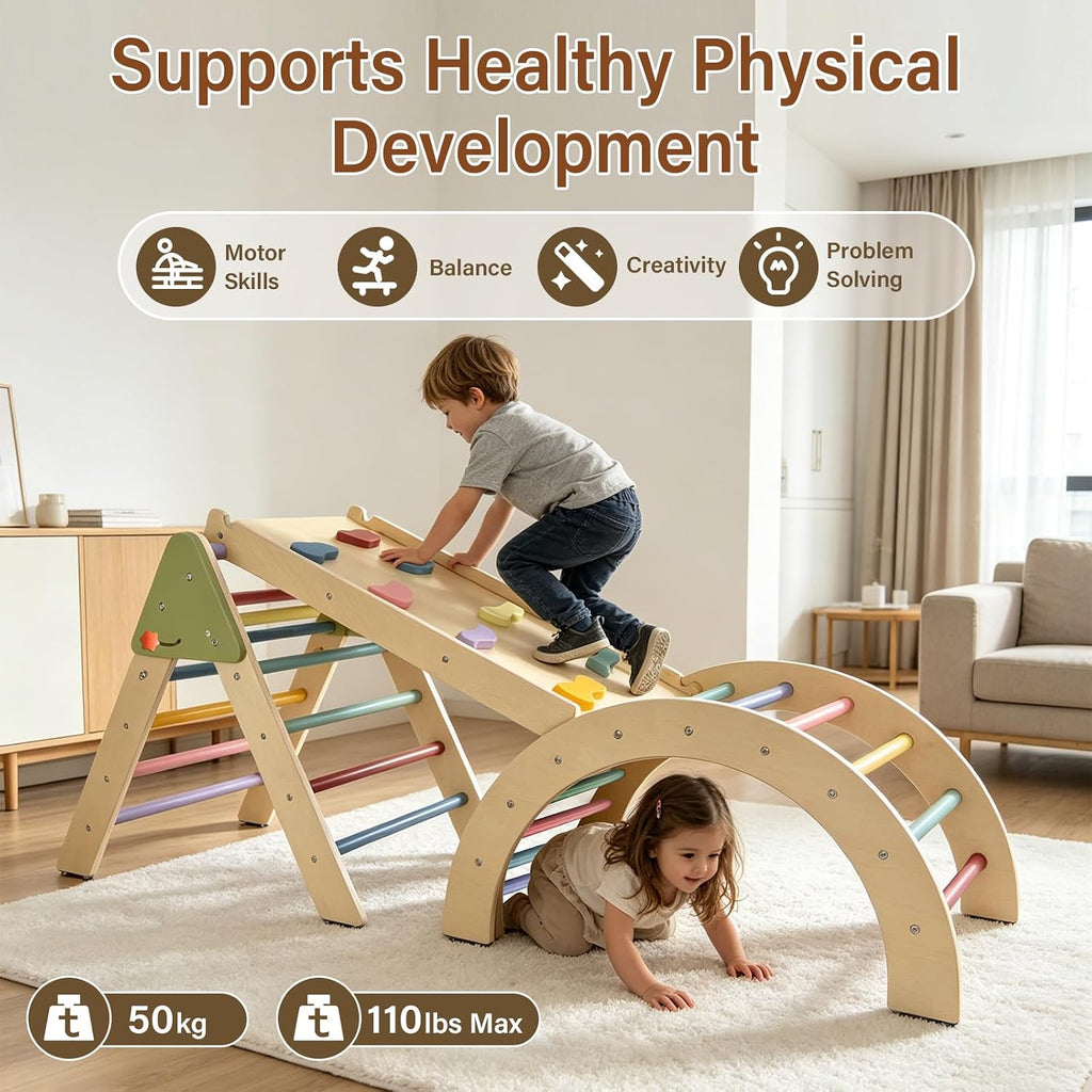 Foldable Triangle Climbing Set Wooden 7 in 1 Montessori Climber Toys for Toddlers 1-3 Baby Jungle Gym Indoor Slide
