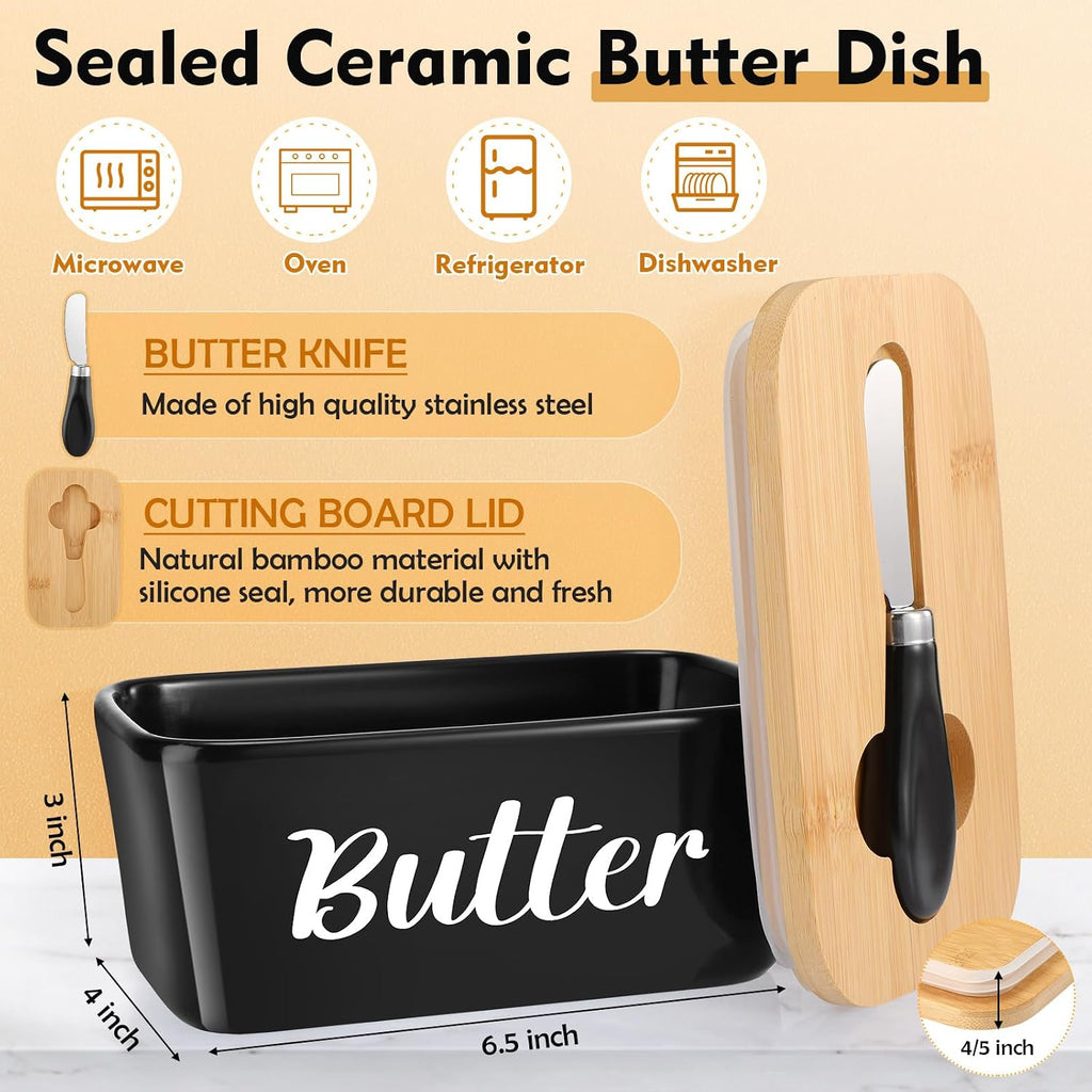 Metal Bread Box and Ceramic Butter Dish with 3 Airtight Kitchen Canisters Farmhouse Storage Canister Set with Bamboo - Set of 5