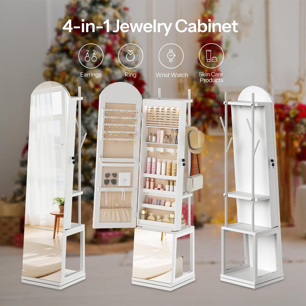 360° Swivel Jewelry Cabinet with LED Lights, Standing Jewelry Organizer with Storage Shelf, Arched Full-Length