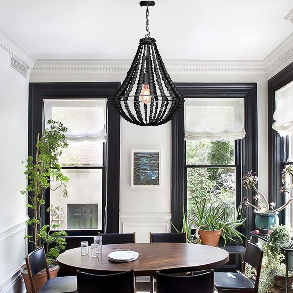 Boho Light Fixtures Wood Beaded Chandelier Farmhouse Pendant Light 1-Light Black 16.5" Ceiling Hanging Light, Dining