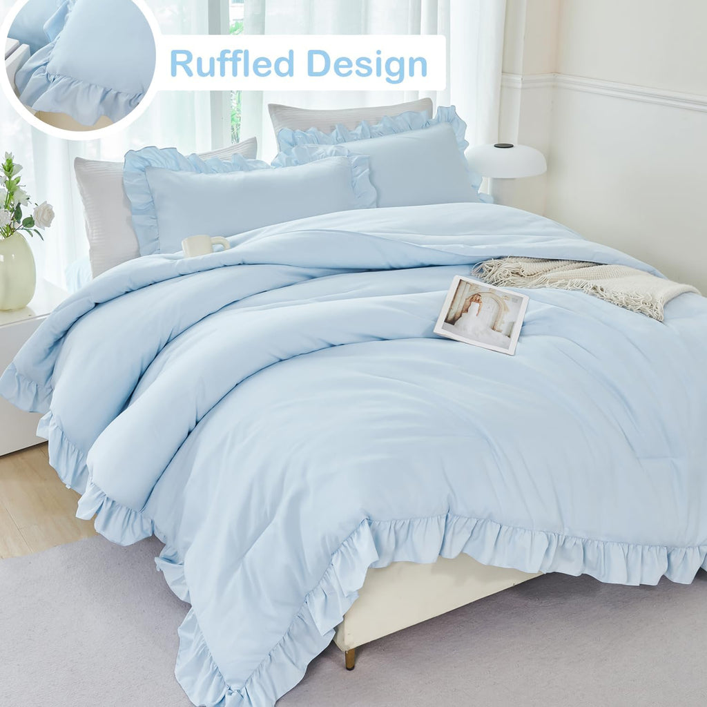 5 Pieces Light Blue Full Bed in A Bag for Kids Girls Ruffle Bedding Sets Boho Comforter Set Vintage Farmhouse Bedding