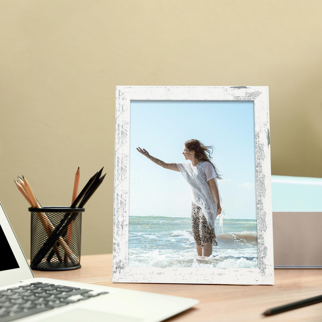 8.5x11 Picture Frame Set of 4, Distressed White Certificate Frame with Real Glass, Wood Photo Frames 8.5 by 11