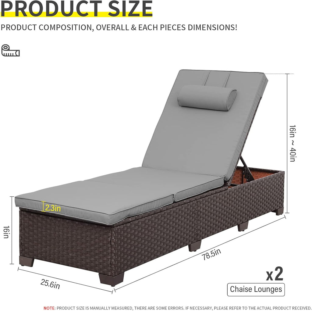 Outdoor Chaise Lounge Set Patio Lounge Chairs Outside Pool Lounger Furniture Set of 2 Brown Wicker Recliners with