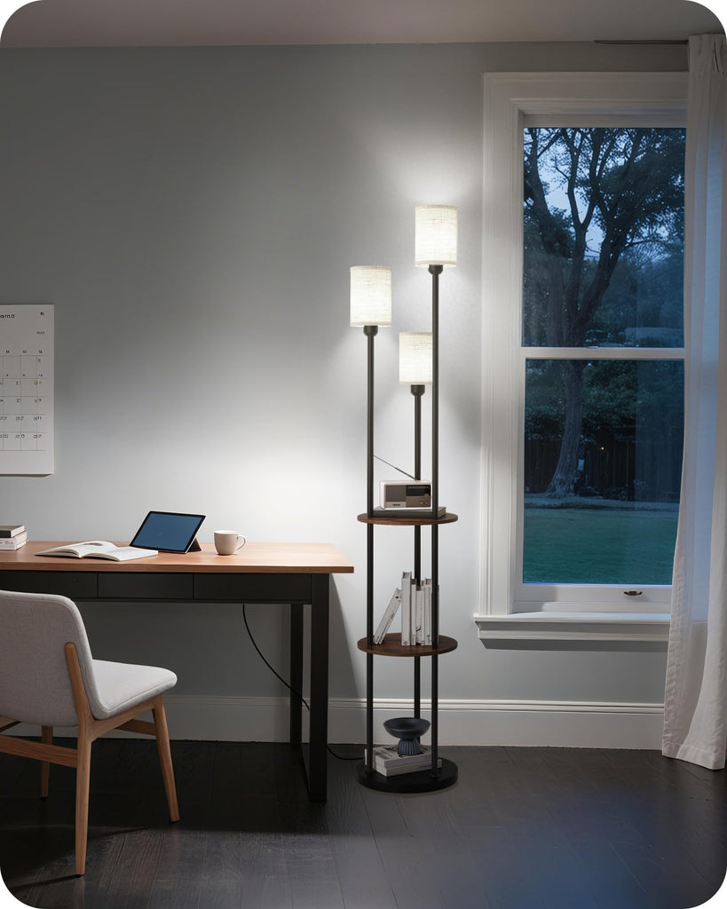 70.9" Floor Lamp with Shelves, Modern Floor Lamp with 3 Linen Shades and Foot Switch, 3-Light Standing Lamp, Study