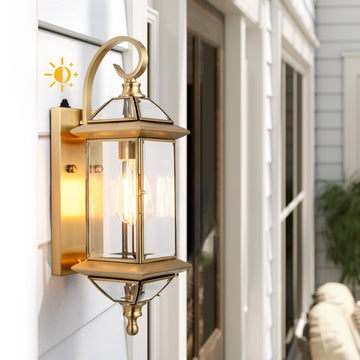 Solid Copper Dusk to Dawn Outdoor Wall Lantern, 18.5" Standard Entry Satin Brass Porch Light with Clear Beveled