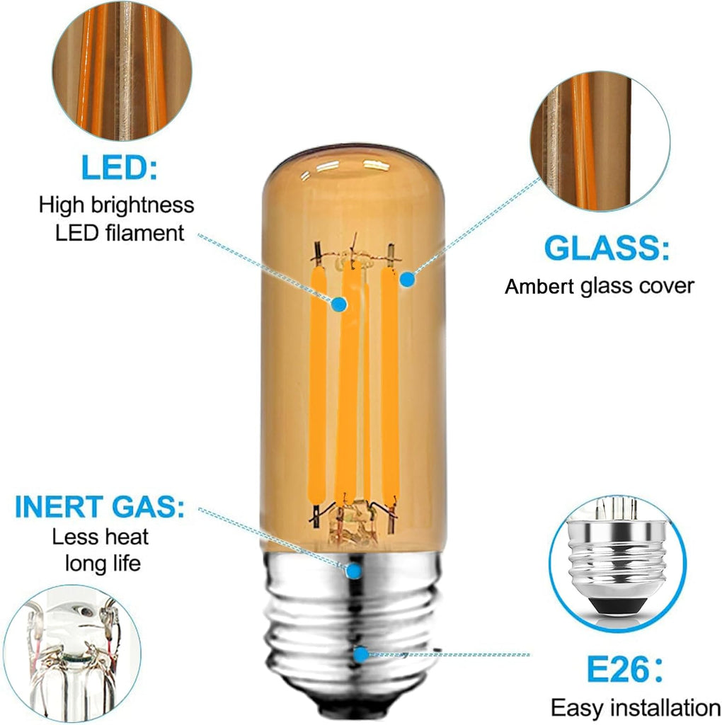 3.2 Inch 2200K Amber White E26 LED Bulb 60 Watt Equal, AC 120V 600LM Edison Bulbs Dimmable, 6W T10 T30 Tubular