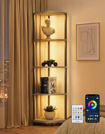 Corner Shelf with LED Light, 5 Tier Smart Color Changing Floor Lamp with Remote, 62" Display Shelf Bookshelf Narrow