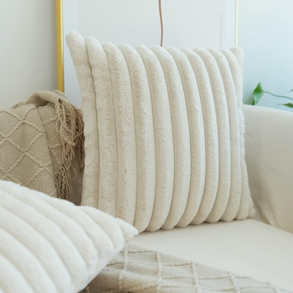 Faux Fur Plush Throw Pillow Covers, Beige, 24 x 24-Inch