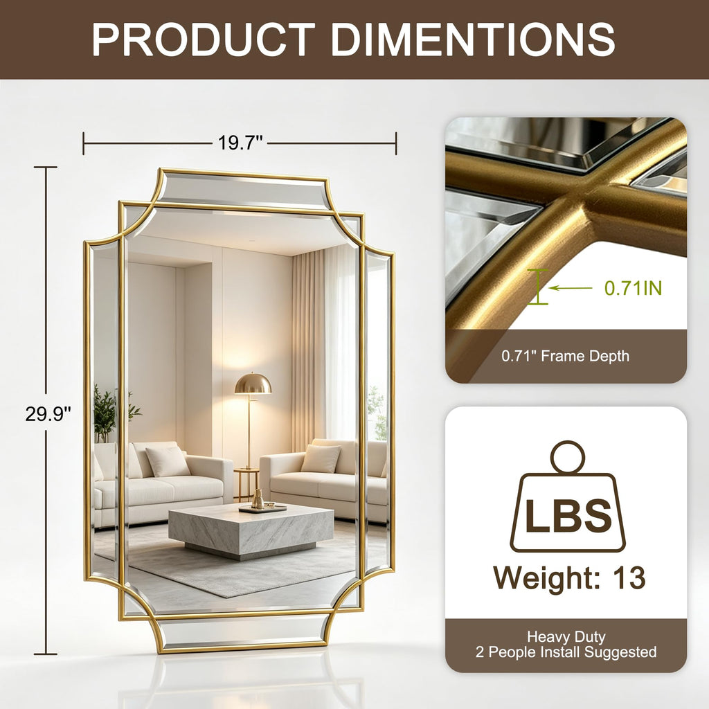 20x30 inch Beveled Gold Mirror for Wall, Gold Traditional Art Decorative Mirror Home Decor Living Room Bedroom