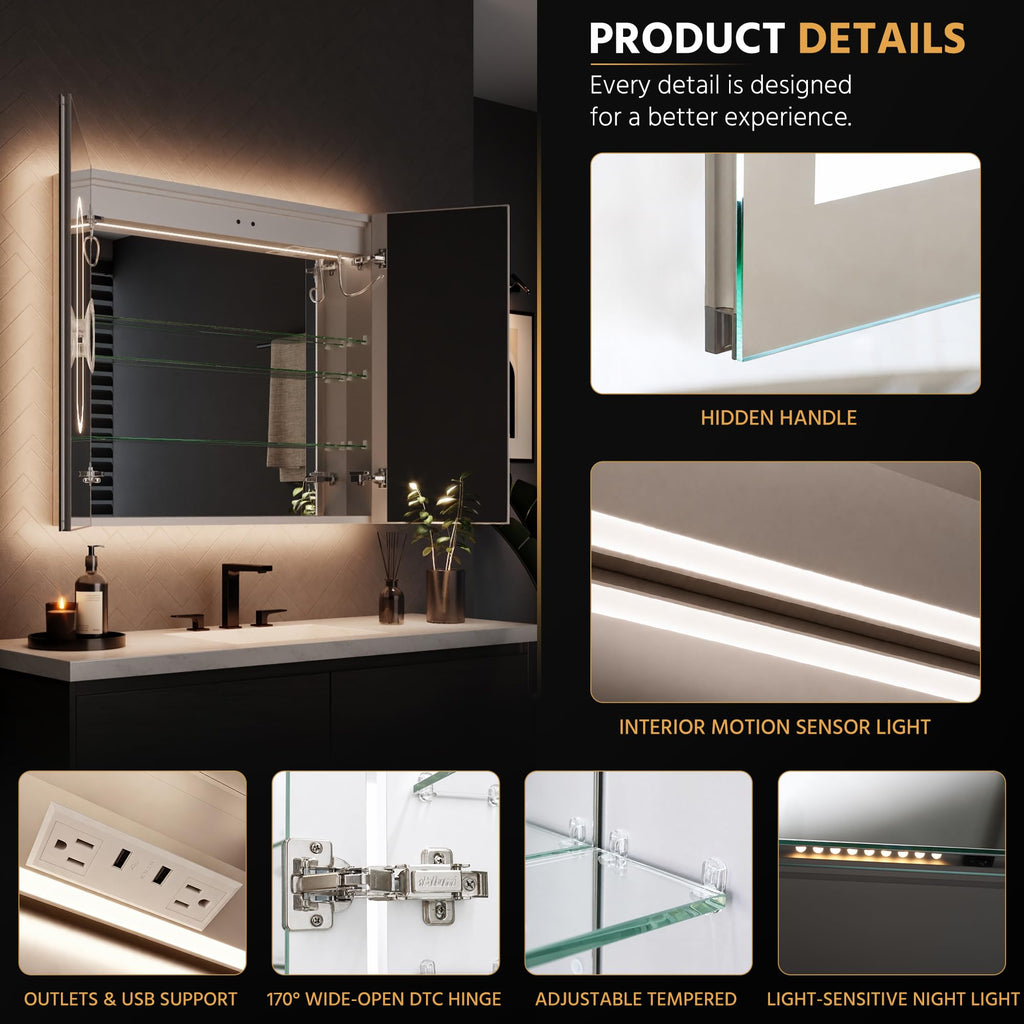36x32 LED Lighted Medicine Cabinet with Mirror, Front & Backlit