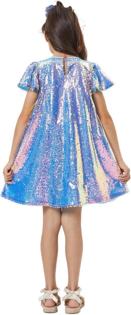 Sequin Dress Shiny Short Flutter Sleeve Midi Sparkly Party Dress with Hairbow