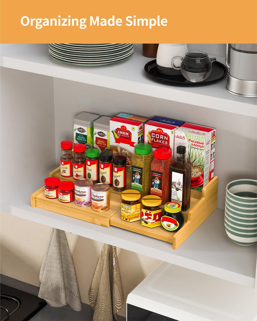 Spice Rack 3-Tier Natural Bamboo, Adjustable Cabinet Organizer Shelf