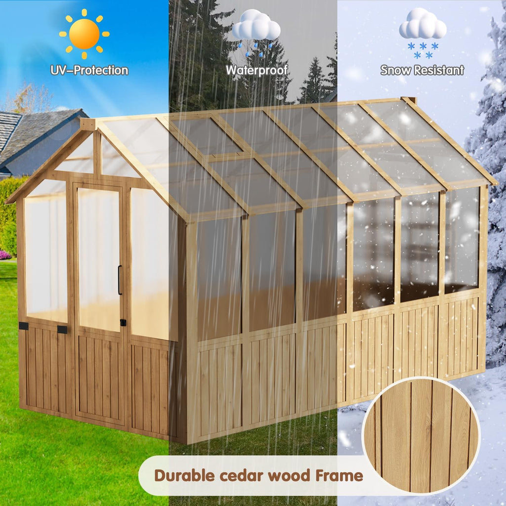 6x12FT Greenhouse ,Wooden Green House for Outdoors with Natural Wood Frame and Polycarbonate Panel, Walk-in