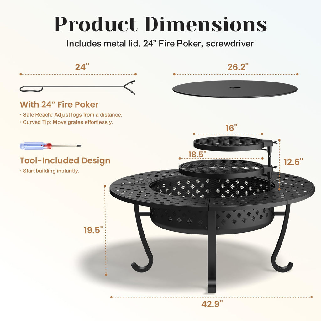 43" Fire Pit, Firepit with Adjustable 2 Grills & Lid & Fire Poker