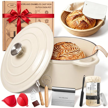 Enameled Cast Iron Dutch Oven Pot with Lid 6QT, Sourdough Bread Baking Supplies with Banneton Bread Proofing Basket