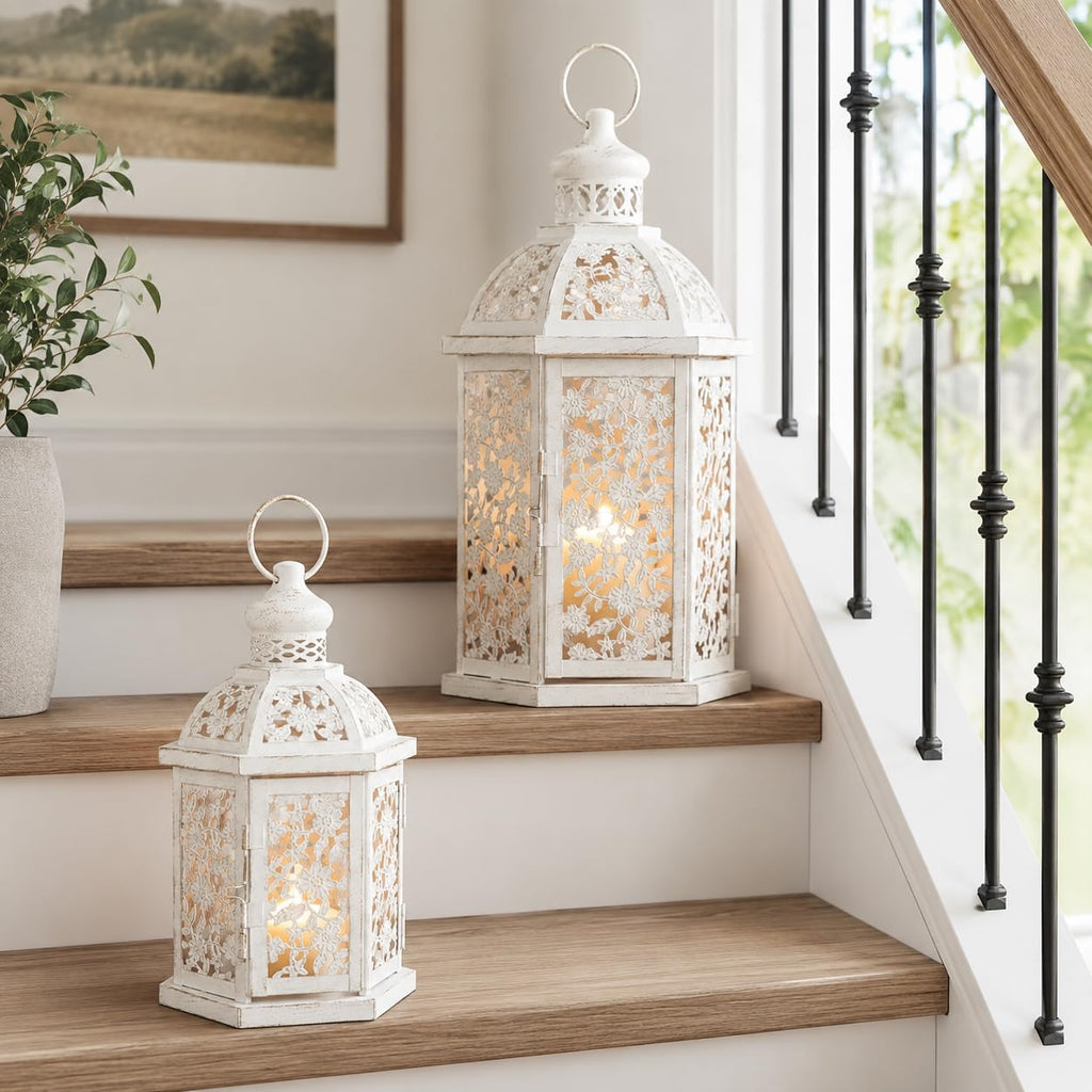 Lanterns Decorative Outdoor&Indoor, Set of 2 (15"&7") White Metal Lantern Decor, Candle Holder for Porch, Patio