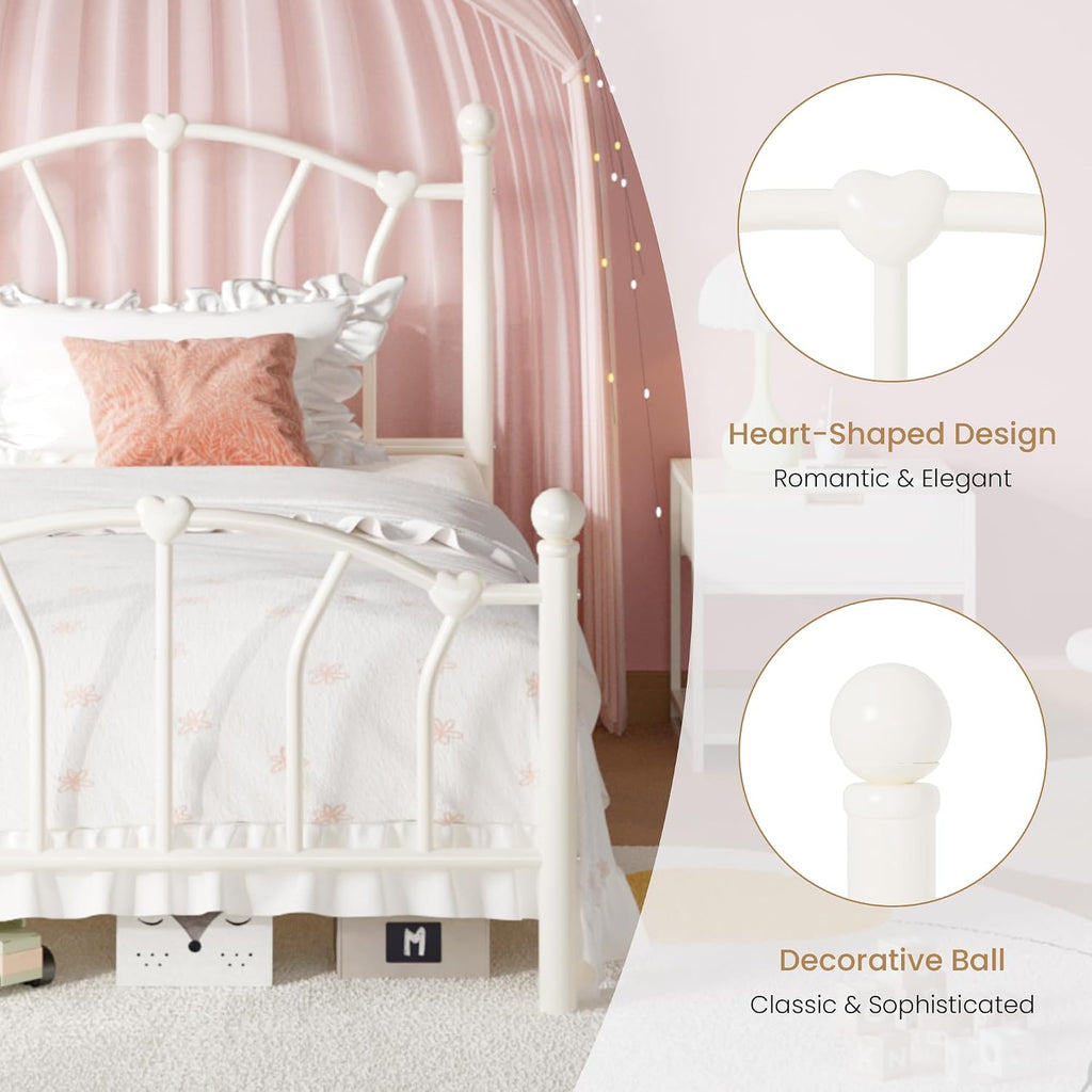 Metal Twin Bed Frame for Kids, Heart-Shaped Design, Cream White | 14 Inch Iron-Art Plarform Bed with
