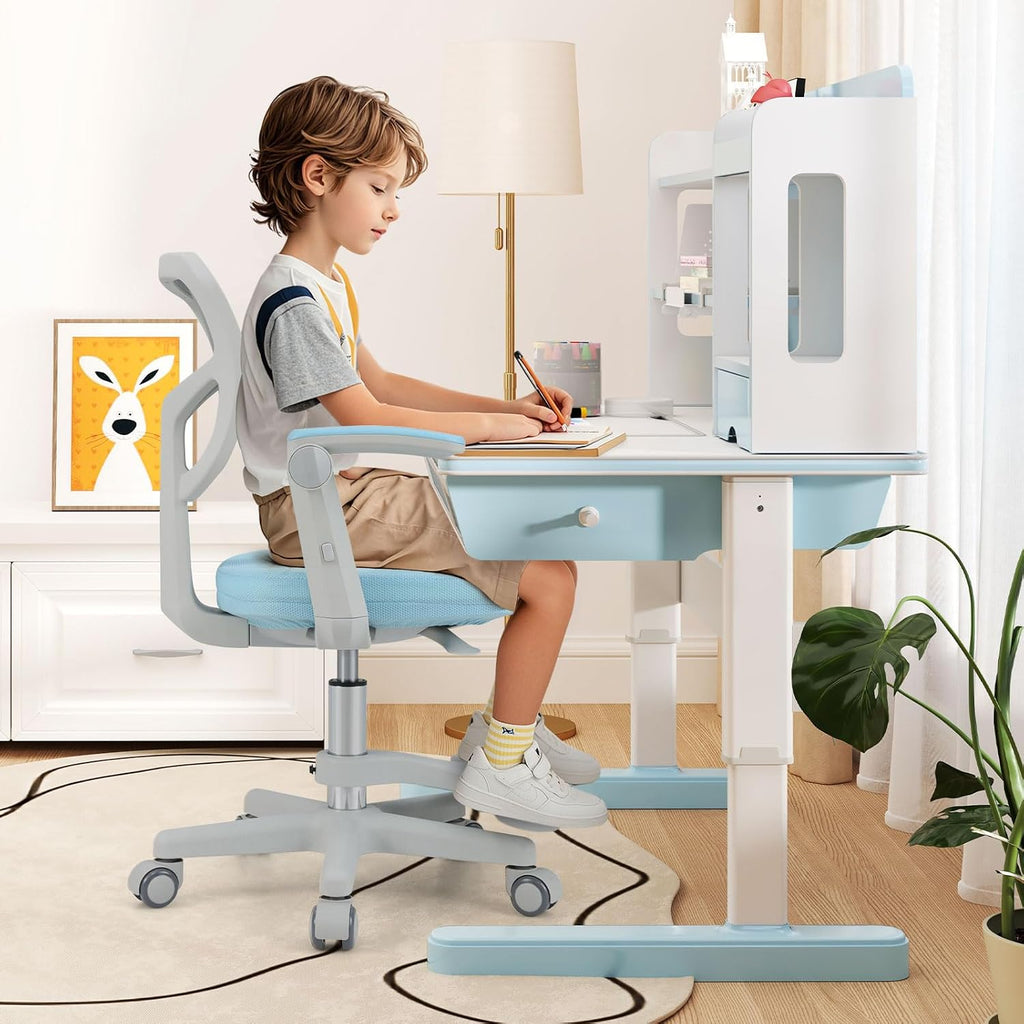 Kids Desk Chair, Ergonomic Adjustable Student Rolling Chair with Footrest & Flip-up Armrest, Mesh Children Office