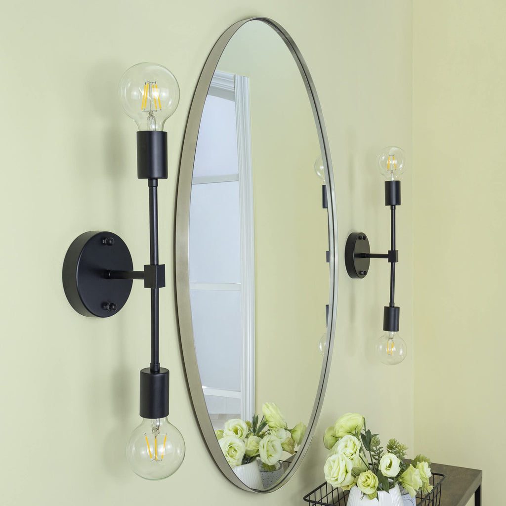 Oval Brushed Silver Metal Framed Bathroom Mirror for Wall in Stainless Steel Modern Farmhouse Bathroom Vanity Mirrors