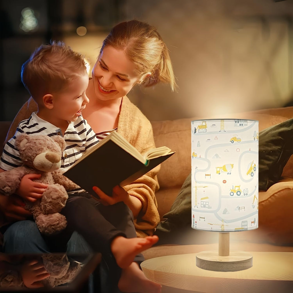 Kids Desk Lamp Boy,Reading Car Lamp, Way Dimmable Bedside Night Light with Cartoon Pattern Printed Shade and Wood