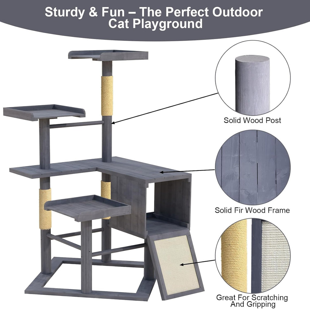 Outdoor Cat Tree for Large Cats, Weatherproof Solid Wood, 48"x43"x67"