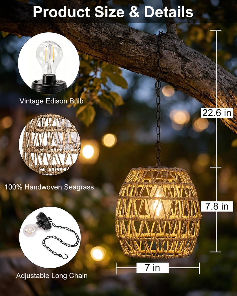 Hanging Solar Lanterns Outdoor Waterproof, Rattan Wicker Hanging Chandelier