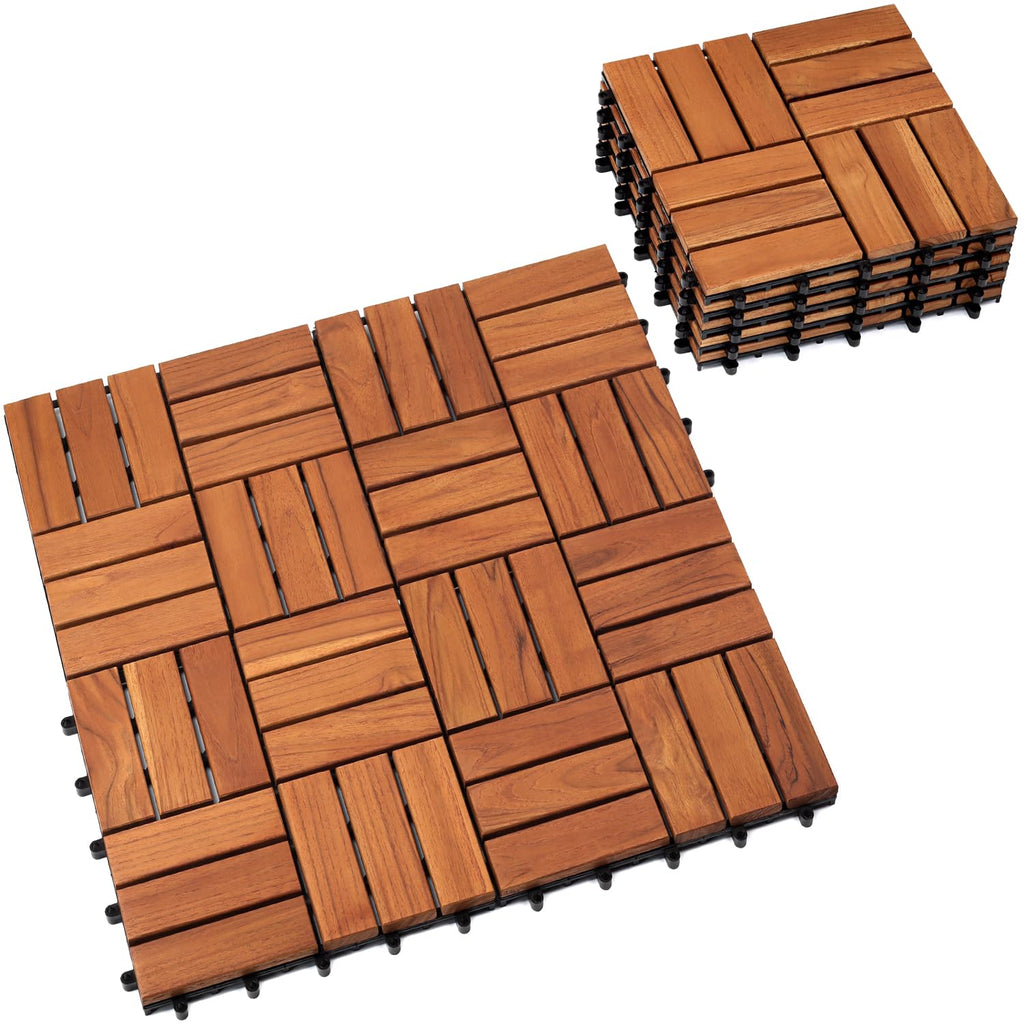 Teak Deck Tiles (Pack of 9) Hardwood Interlocking Patio Deck Tiles, Teak Wood Deck Tiles Interlocking Outdoor, Patio