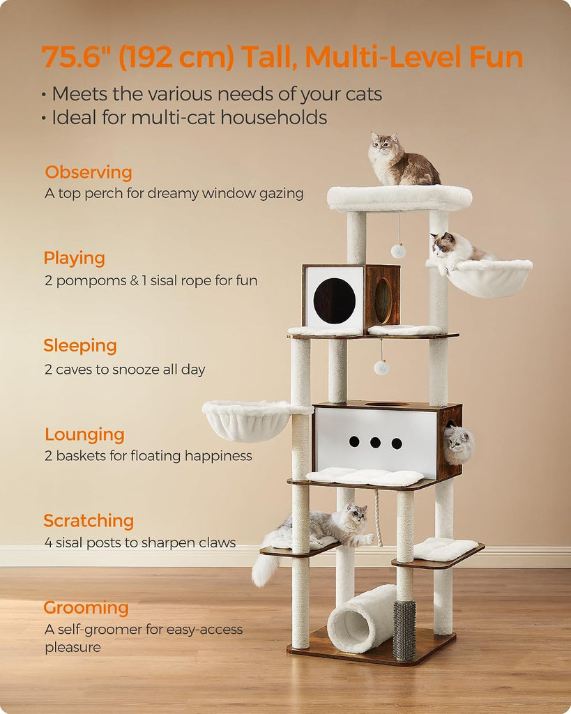 Cat Tree, 75.6-Inch Multi-Level Condo with 2 Caves, 2 Hammocks