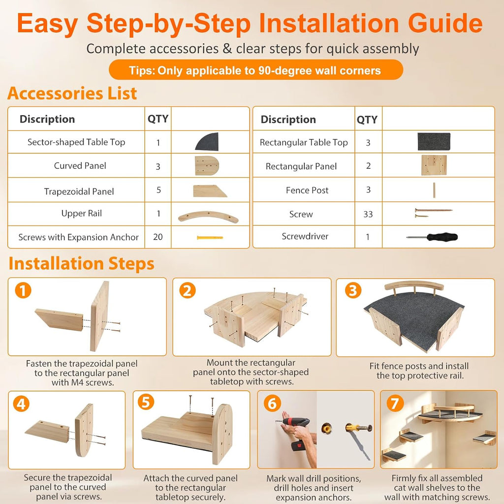 Cat Wall Shelves with 3 Perch Steps, Cat Wall Climber Furniture Up to 26lbs