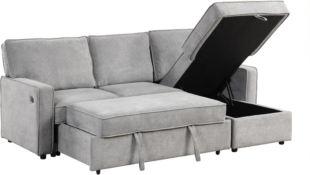 89" Convertible L-Shaped Sleeper Sofa Bed with Storage Chaise, Gray | Modern L-Shaped Sectional Pull Out Couch
