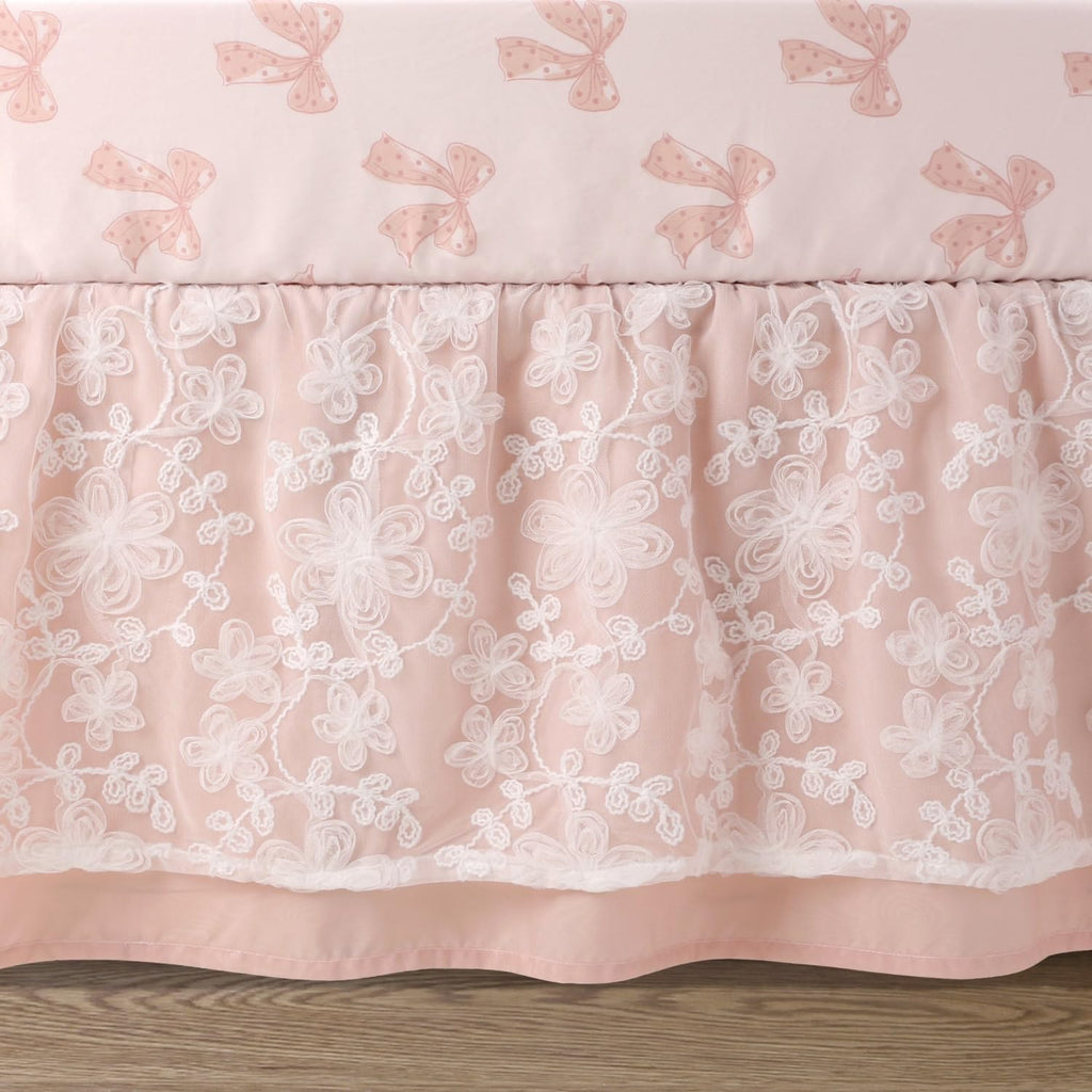 3 Piece Baby Crib Bedding Set for Girls - Cotton Fitted Crib Sheet, Layered Dust Ruffle, Comforter, Newborn, Infant &