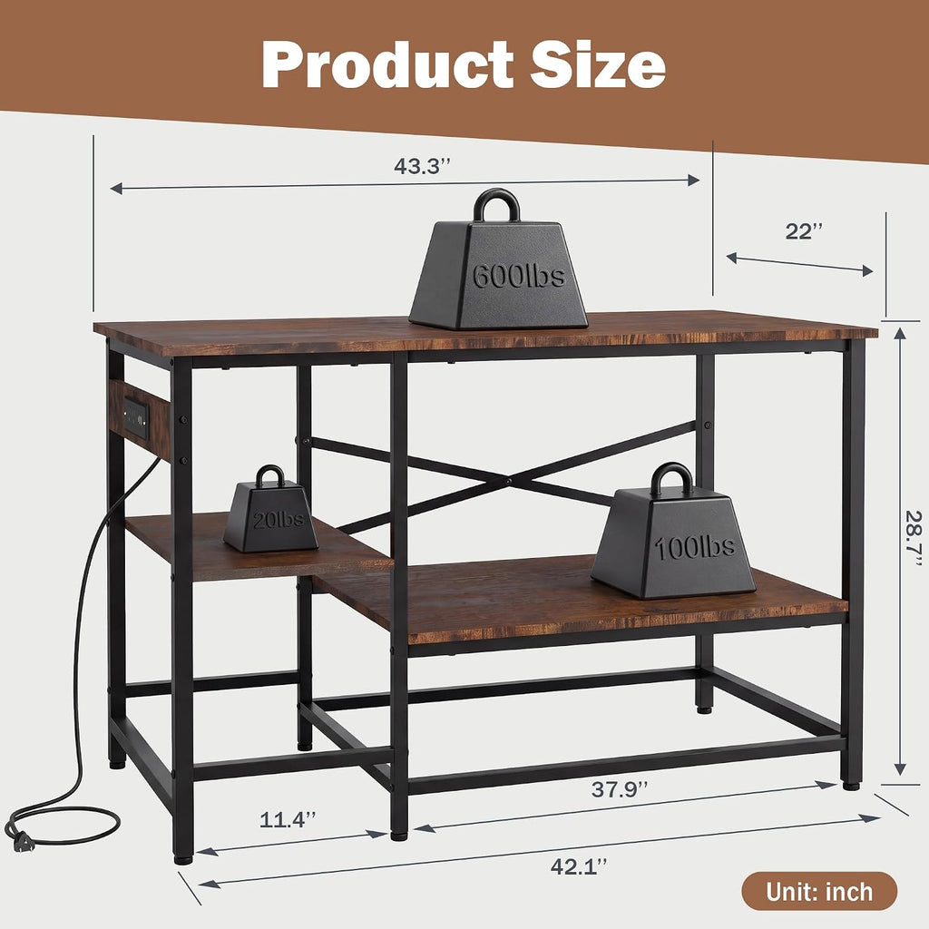 40-55 Gallon Fish Tank Stand with Power Outlet, 43.2 in x22 in, 600Lbs Capacity, 4-In-1 Power Outlet, Storage Shelves