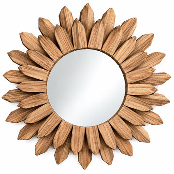 Sunburst Mirror, Solid Wood Boho Wall Mirror with Rustic Natural Brown Finish, Decorative Round Accent Mirror
