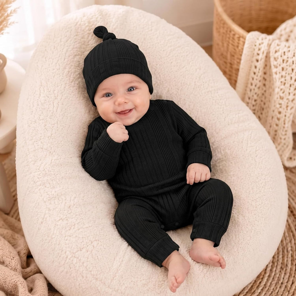 Baby Girl Ribbed Romper Hat Set Long Sleeve Infant Fall Outfit
