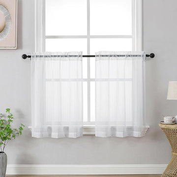 White Striped Kitchen Curtains - Short Semi Sheer Cafe Curtains Tier 36 Inch Length 2 Panels Set, Light Filtering