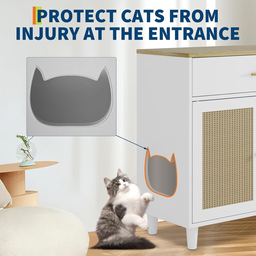 Cat Litter Box Enclosure with PE Rattan Decor Doors - Hidden Pet Storage Cabinet with Wood Feet & Scratching Pad