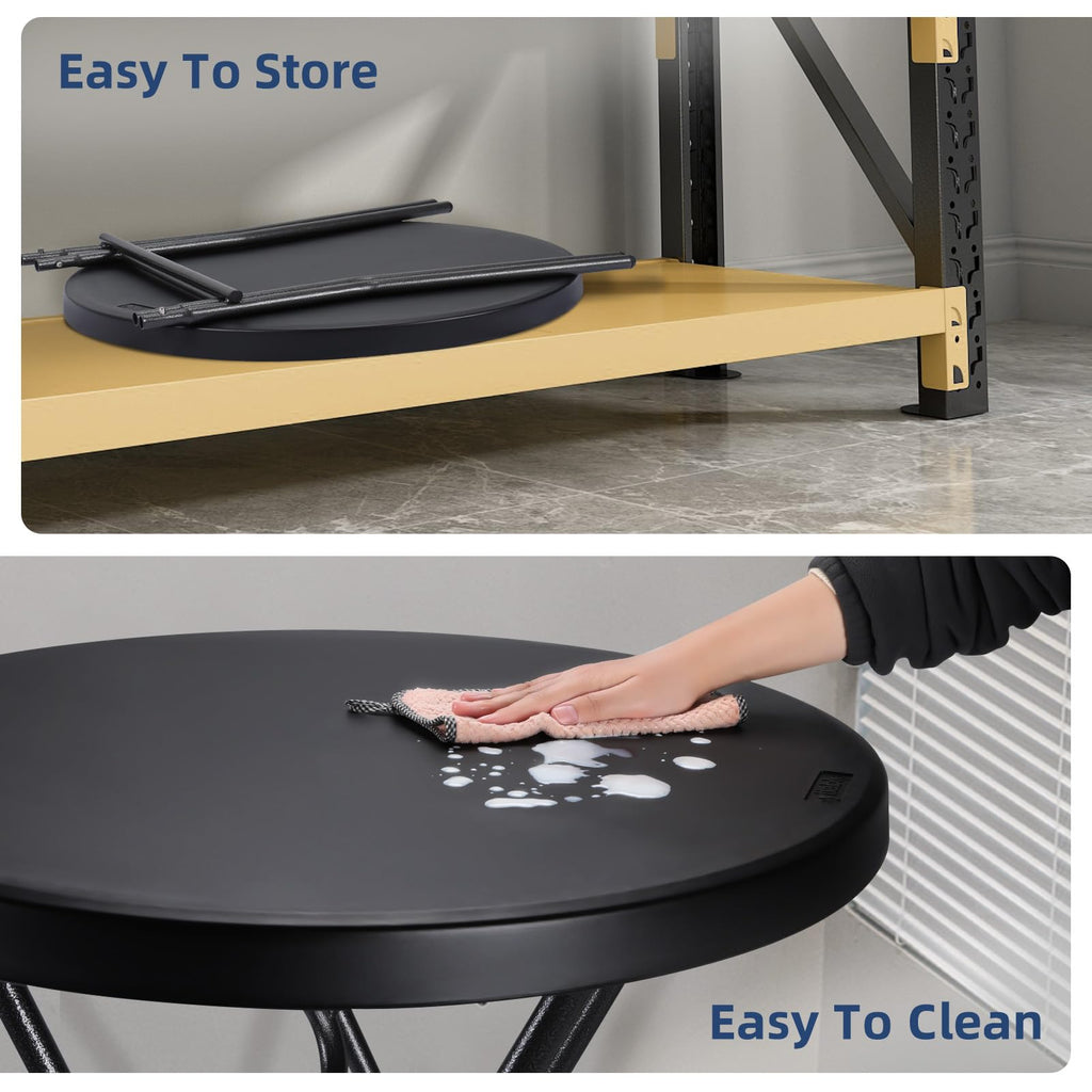 28in Folding Cocktail Table, Round Bar Height Table, Black 2-Pack