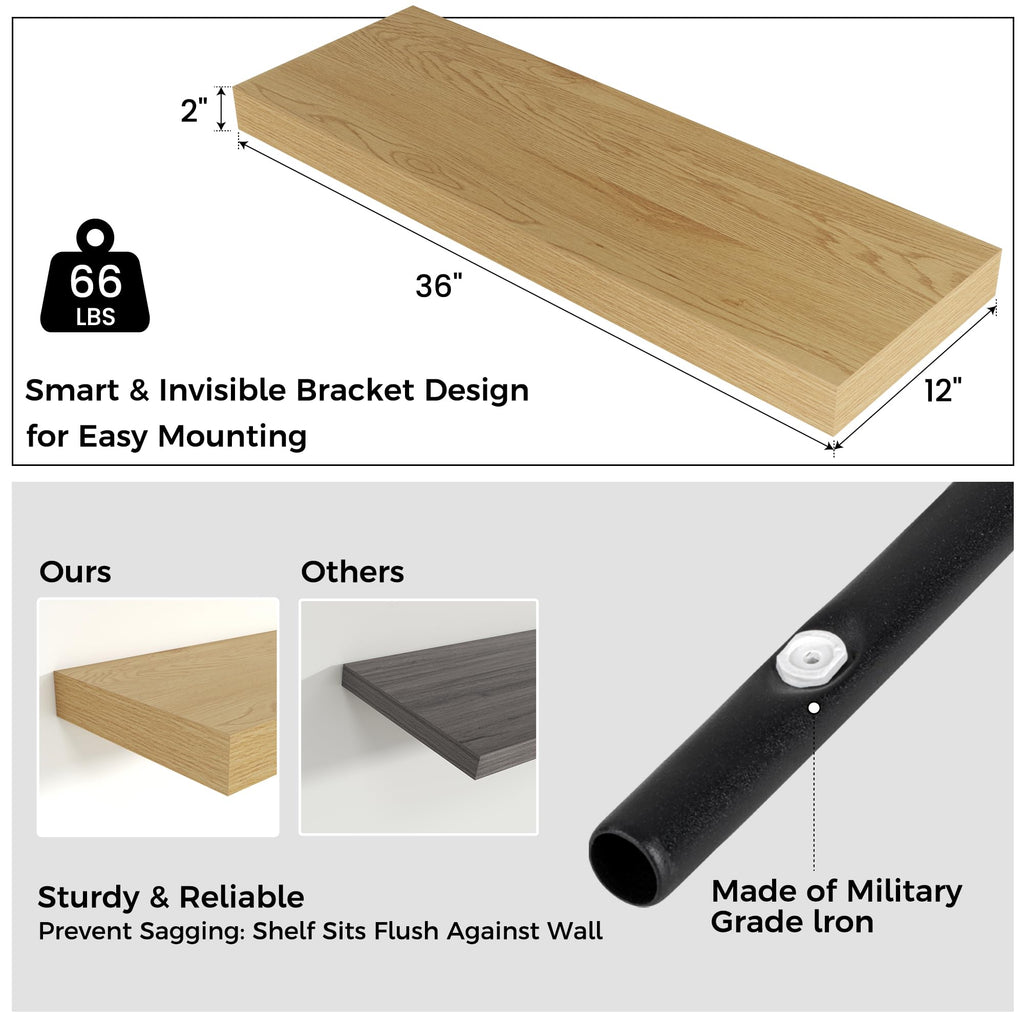 36 Inch Floating Shelves for Wall, 12"D Wood Storage Shelves, Oak Finish