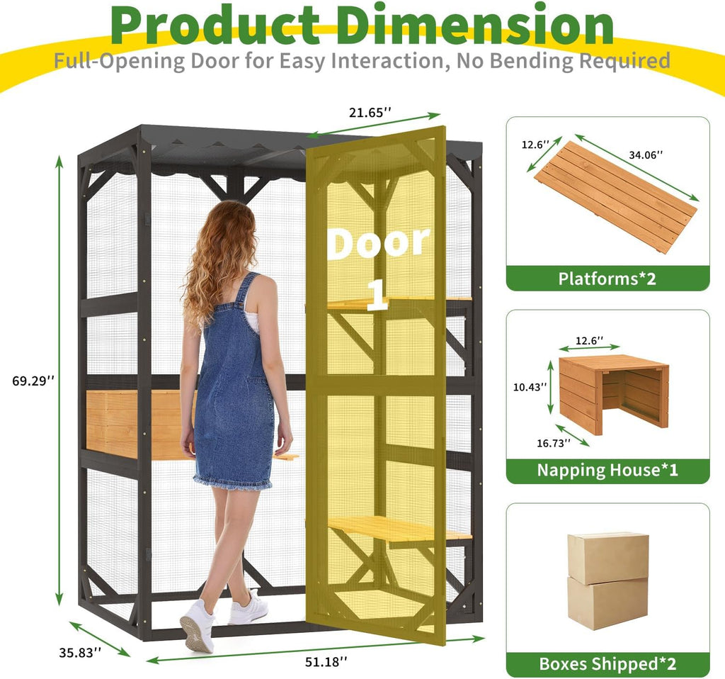 Large Catio Outdoor Cat Enclosure with Weatherproof Roof, 69.3" Walk-in Cat House for Multiple Cats, 3-Tier Wooden