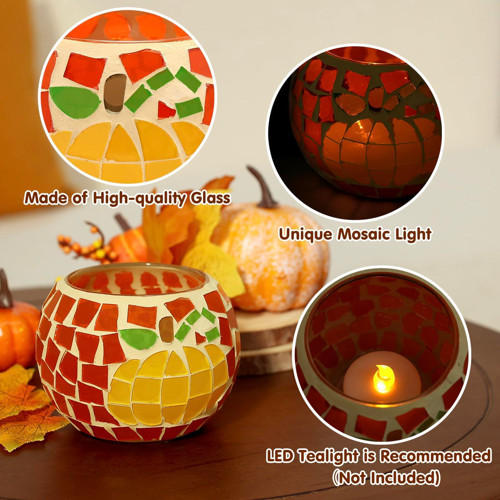 Fall Candle Holder Set of 3 Mosaic Maple Leave Sunflower Tealight Holder Pumpkin Glass Thanksgiving Votive Candle