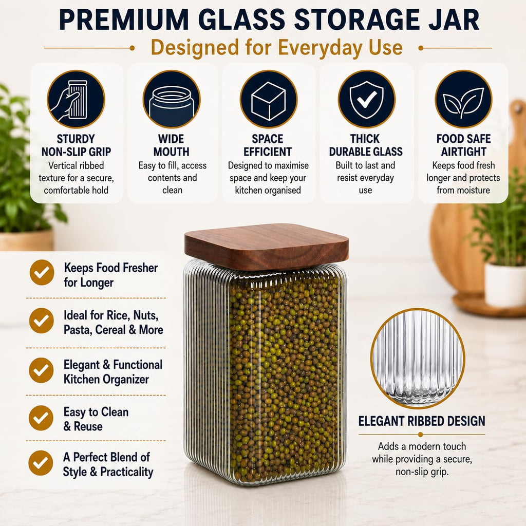 Ribbed Glass Square Jar with Wooden Lid 45fl.oz - Set of 3 | Airtight Fluted Storage Canister for Food, Pasta