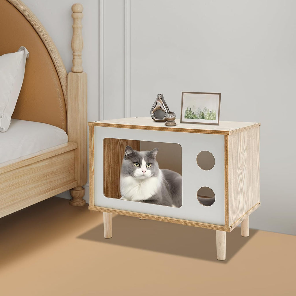 TV-Shaped Cat Bed Indoor, Large Luxury Cat Shelter Wooden Condo for Indoor Cats (Wooden, White, Small)