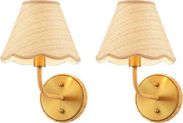 Elycucpa Boho Hand Woven Rattan Wall Sconces Set of Two Rustic Industrial Wall Lamp Brass Farmhouse Wall Lights for