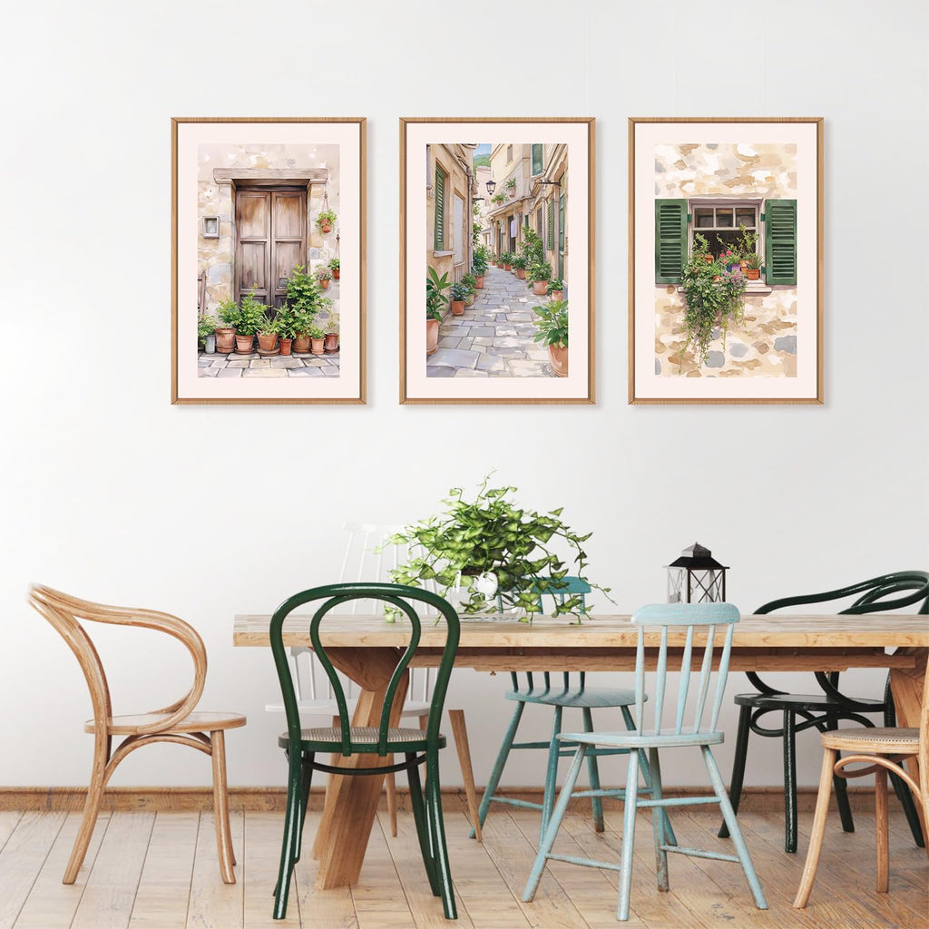 Italy Streets Travel Framed Wall Art Set, Green Botanical Wall Decor, Vintage Italian Style Countryside Villages Wall