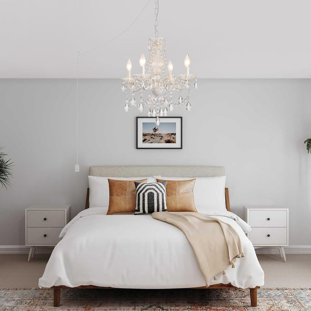 Plug-in White Crystal Chandelier, 4-Light Ceramic & Crystal Hanging Pendant Light with Clear Cord and On/Off Switch