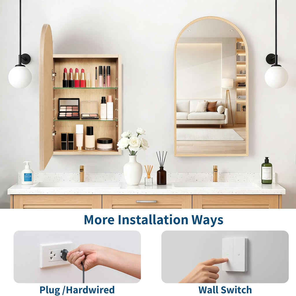 16x30'' Arched Medicine Cabinet with Mirror,Rust-Proof Aluminum, Recessed & Surface Mount Bathroom Mirror with