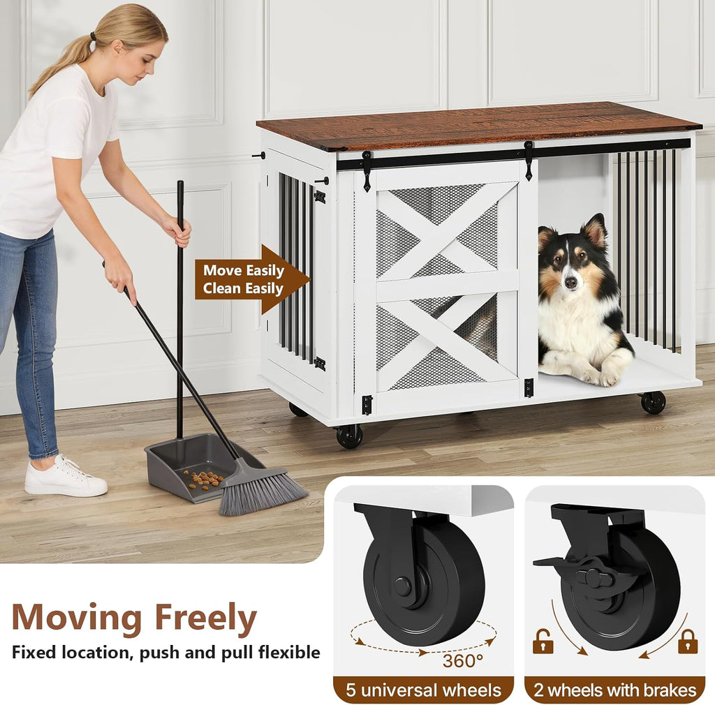 48 Inch XL Dog Crate, Wood XXL Dog Crate Furniture with Wheels, Flip-Top Feeding Door, Removable Divider, Farmhouse