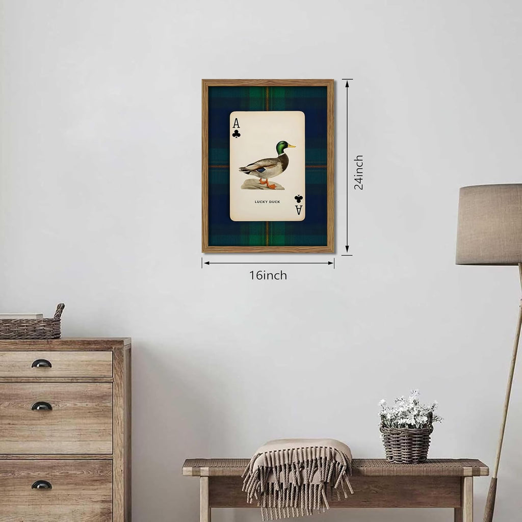 Framed Vintage Mallard Duck Wall Art, Country Lucky Duck Wildlife Poker Wall Decor Painting, Nature Rustic Farmhouse