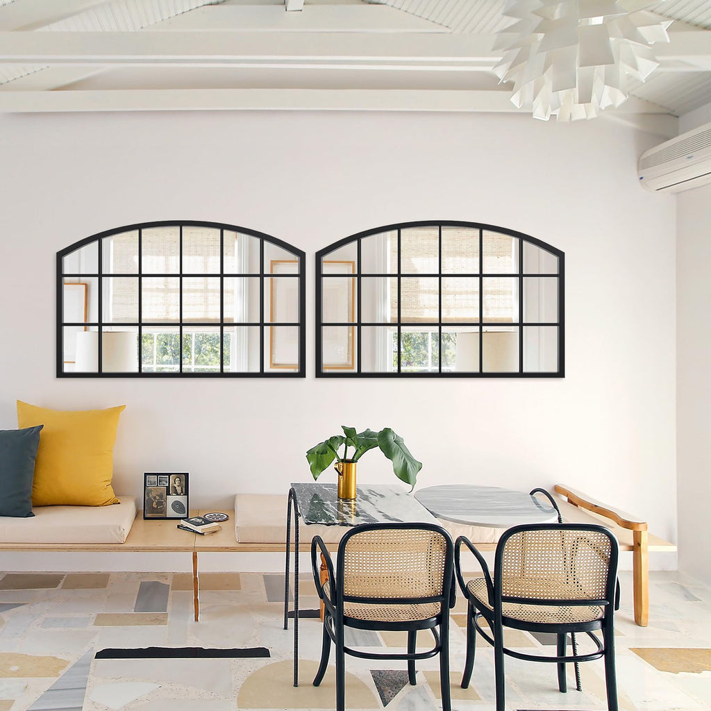 Black Windowpane Wall Mirror, 44" x 28" Arched Window Mirror